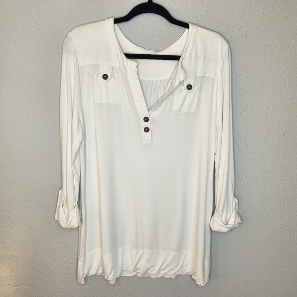 Soft Surroundings Rolled Sleeve Womens Tunic Shirt L Large V Neck Buttons White - Picture 1 of 12